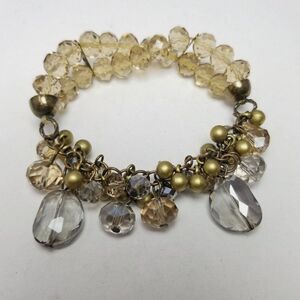 Vintage Earth Tone Beaded Stretch Bracelet, Cream Brown Faceted Beads, Estate